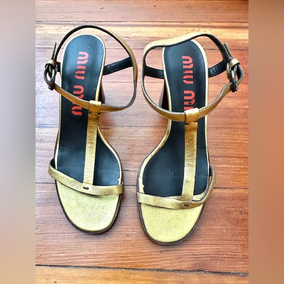 Miu Miu Gold T-Strap Heels - Picture 1 of 5